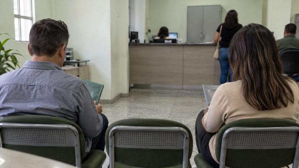 Casal de costas na sala de espera de um cartório em Campo Grande, com uma cadeira vazia entre os dois, antes do divórcio consensual