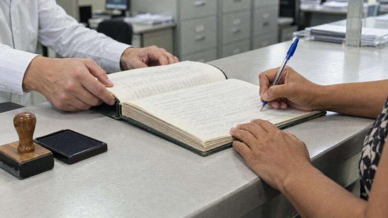 Escrevente vira o livro de escrituras no balcão do cartório enquanto a herdeira se prepara para assinar o inventário extrajudicial