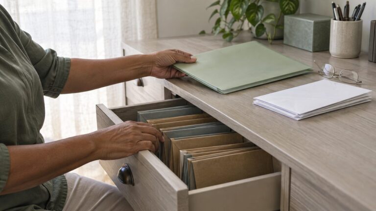 Mãos separando pastas e envelopes de uma gaveta de escrivaninha em dois montes, na conferência do que entra no inventário